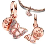 Privjesak za narukvicu, rose gold viseći u obliku leptira i rozih detalja unutra